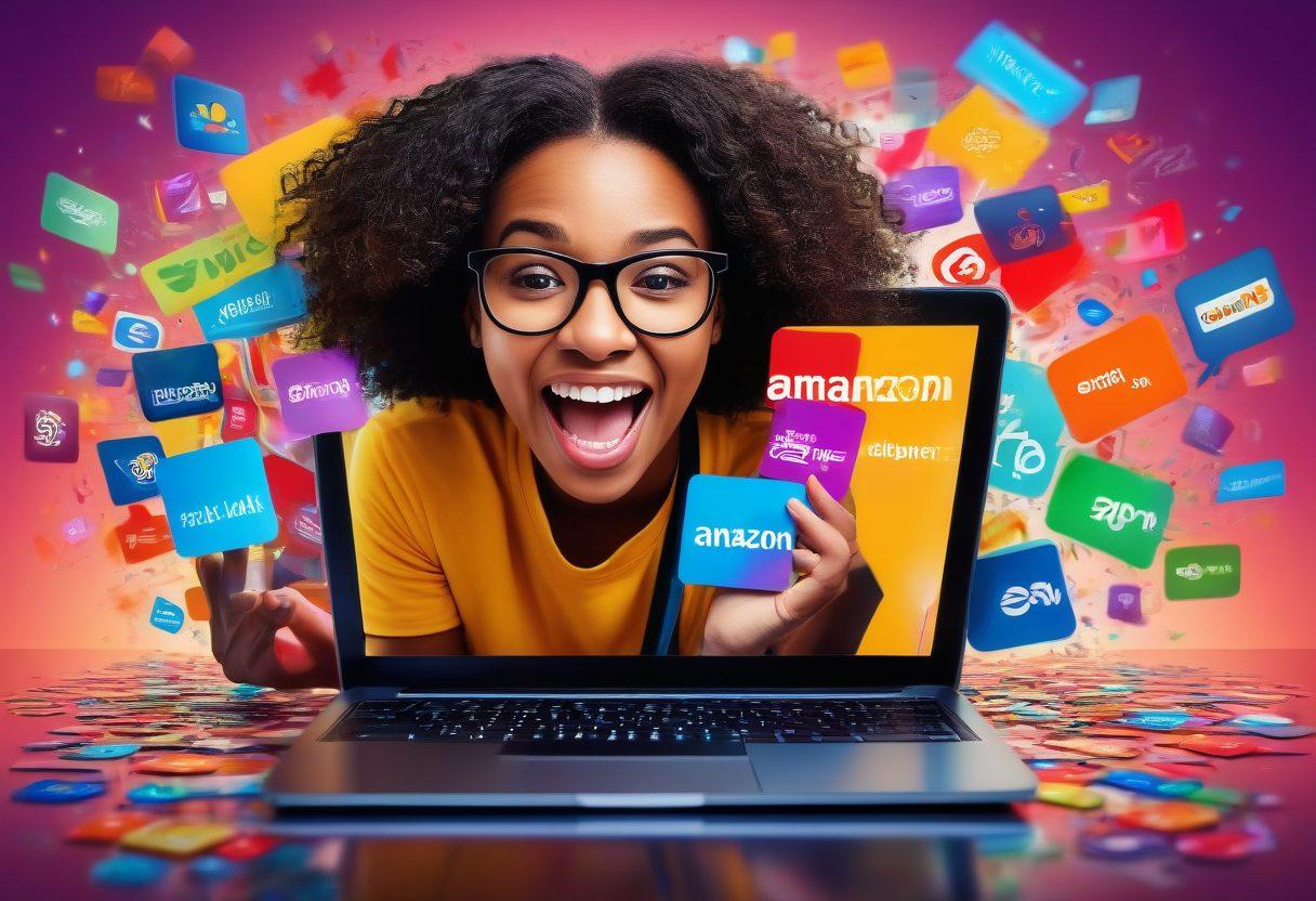A vibrant scene of a person navigating through a laptop with multiple ecommerce platform logos like Amazon, eBay, and Walmart. The background is filled with colorful discount tags, shopping carts, and dollar signs, symbolizing bargains and savings. The person has a joyous expression, reflecting the excitement of finding great deals. Digital art. vibrant colors. minimalistic style.