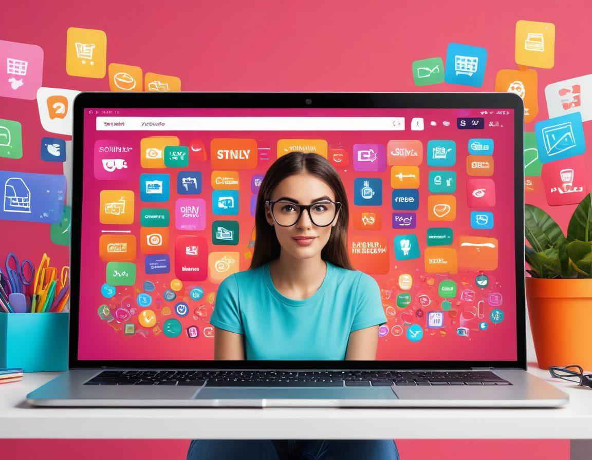 A person using a laptop surrounded by a variety of online marketplace icons, with search bars and magnifying glasses highlighting deal tags like '50% OFF' and 'Daily Deal'. The background features a digital web of interconnected shopping carts and dollar signs. vibrant colors. vector art.