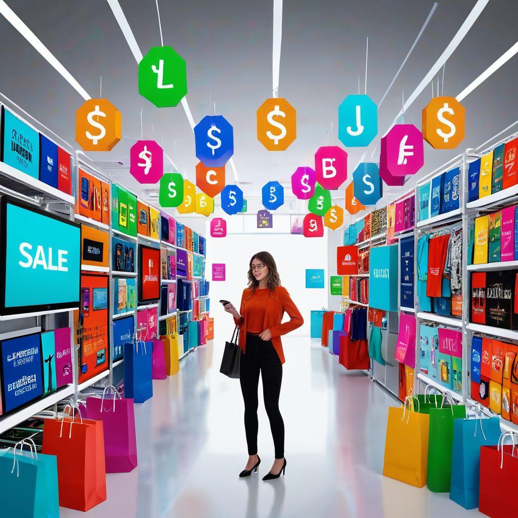 A vibrant, bustling virtual shopping mall filled with colorful digital storefronts offering discounts and sale banners. A savvy shopper character eagerly browsing through a variety of items like electronics, clothing, and home goods. Icons of shopping carts, price tags, and dollar signs float around to emphasize affordability. super-realistic. vibrant colors. white background.